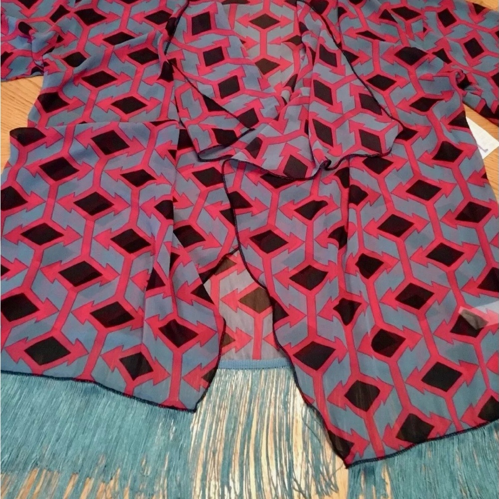 LuLaRoe Large Monroe Geometric Kimono Bathing Suit Fringe Cover Up Major Unicorn